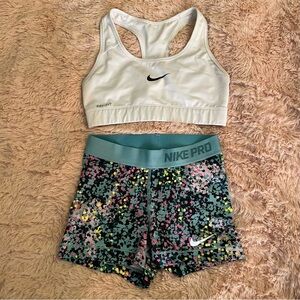 NIKE PRO XSmall 3” Shorts Bra Set 2 Pieces Green Black White Spandex EUC  #453